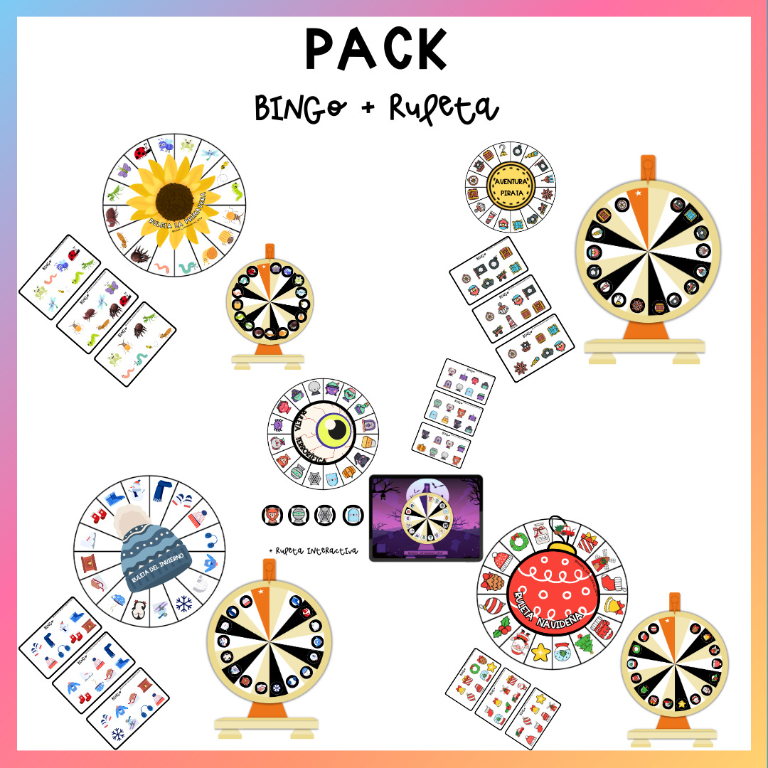 Pack Bingo y Ruleta Educativa – Juegos Manipulativos para el Aula Pack de bingo y ruleta educativa para trabajar contenidos de forma lúdica en infantil y primaria